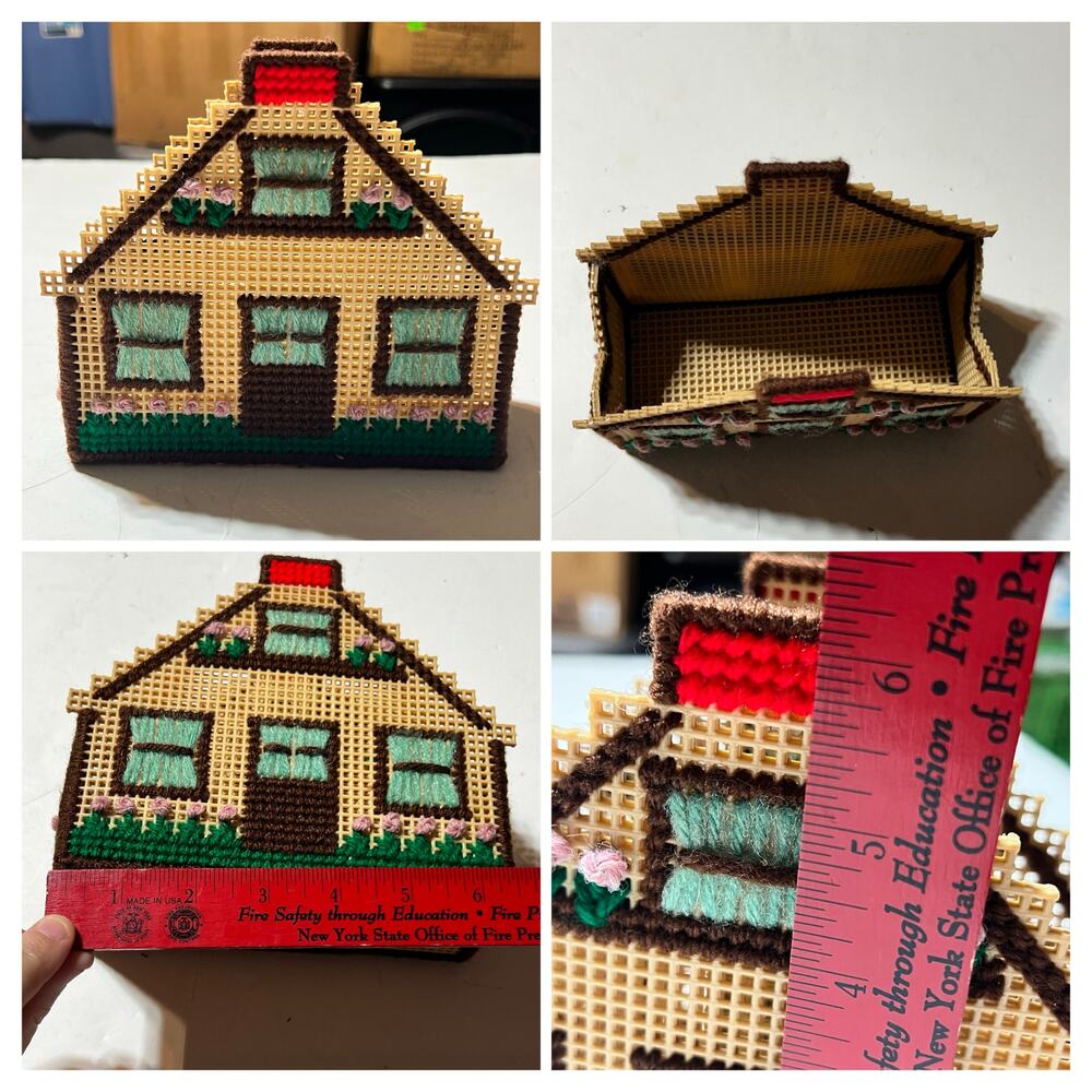 Vintage Handmade Plastic Canvas Yarn Cottage House letter mail coaster Decor